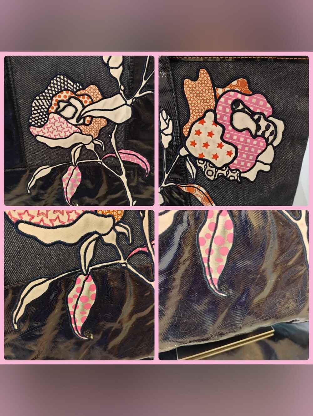 GUC Longchamp Denim & Patent Leather Tote Bag -  Floral Appliqué - Picture 15 of 16